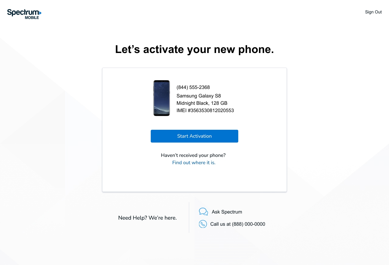 Spectrum Mobile activation, Let's activate your new phone, showing device details and a Start Activation button