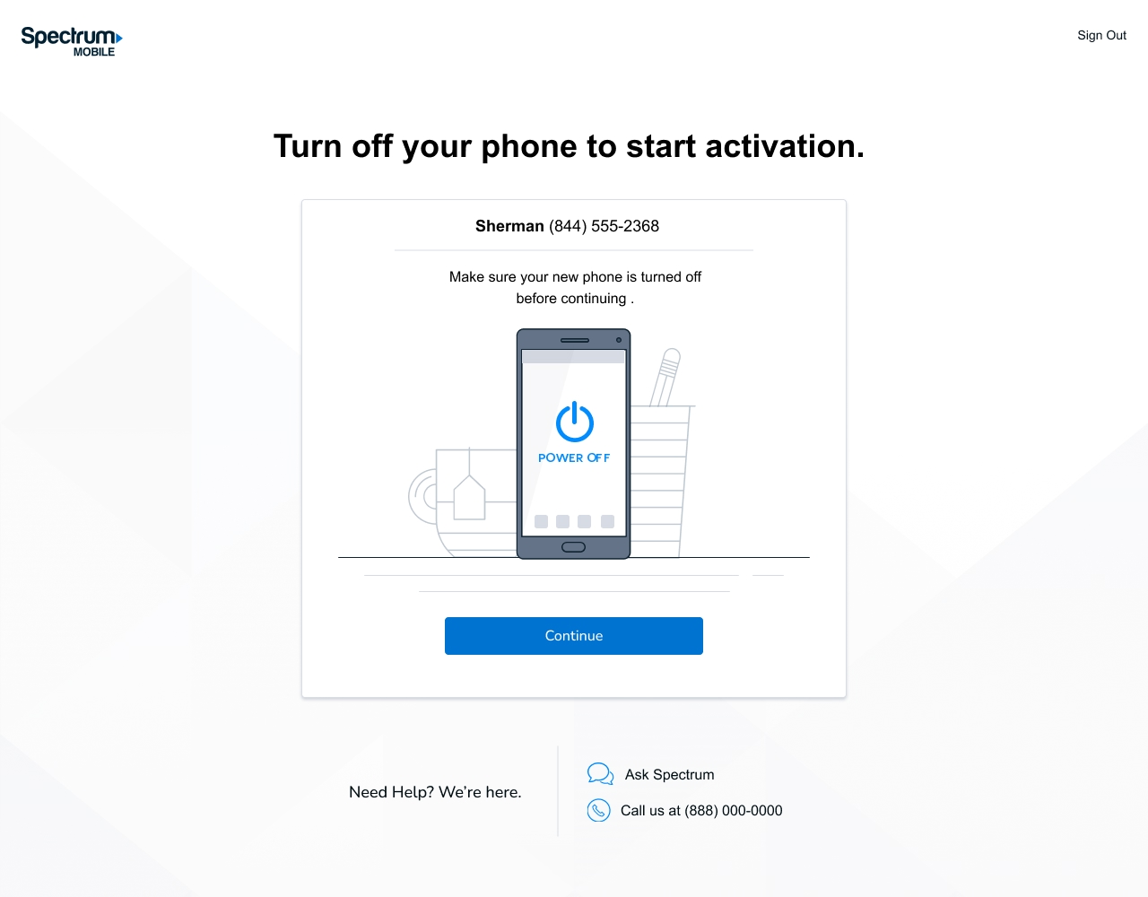 Spectrum Mobile activation, Turn off your phone to start activation, with a Continue button