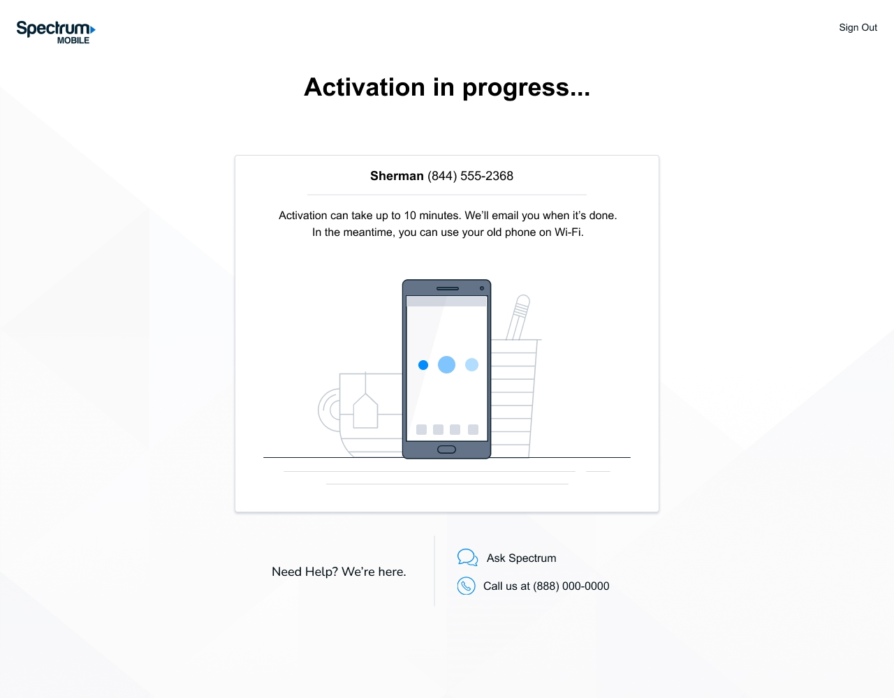 Spectrum Mobile activation, Activation in progress, noting it can take up to 10 minutes