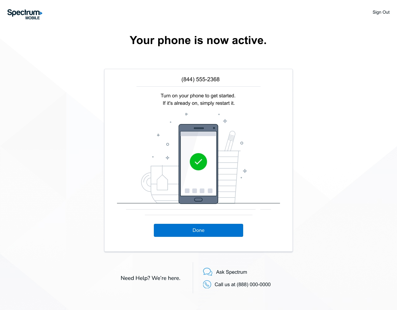Spectrum Mobile activation, Your phone is now active, with a Done button