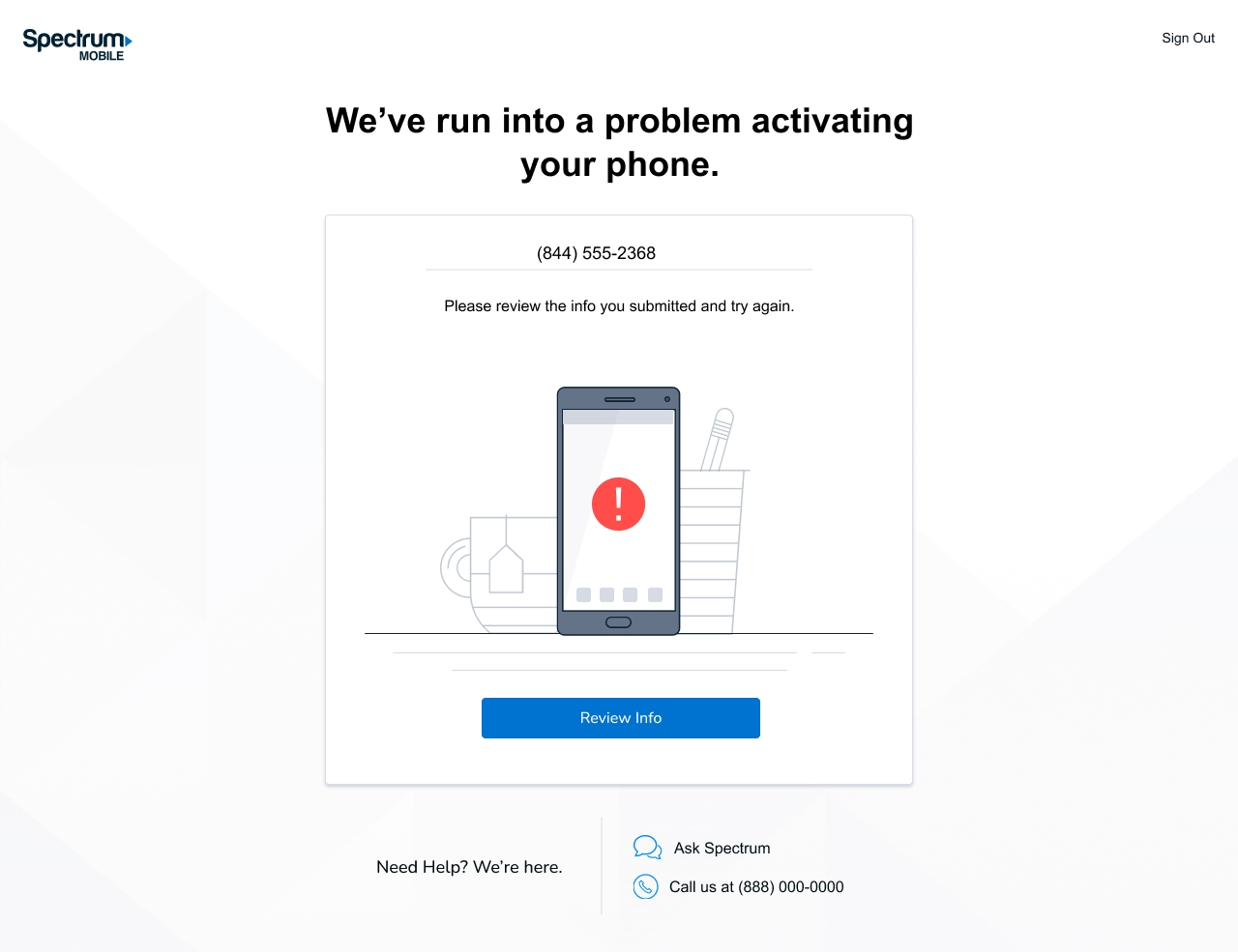 Spectrum Mobile activation, We've run into a problem activating your phone, with a Review Info button