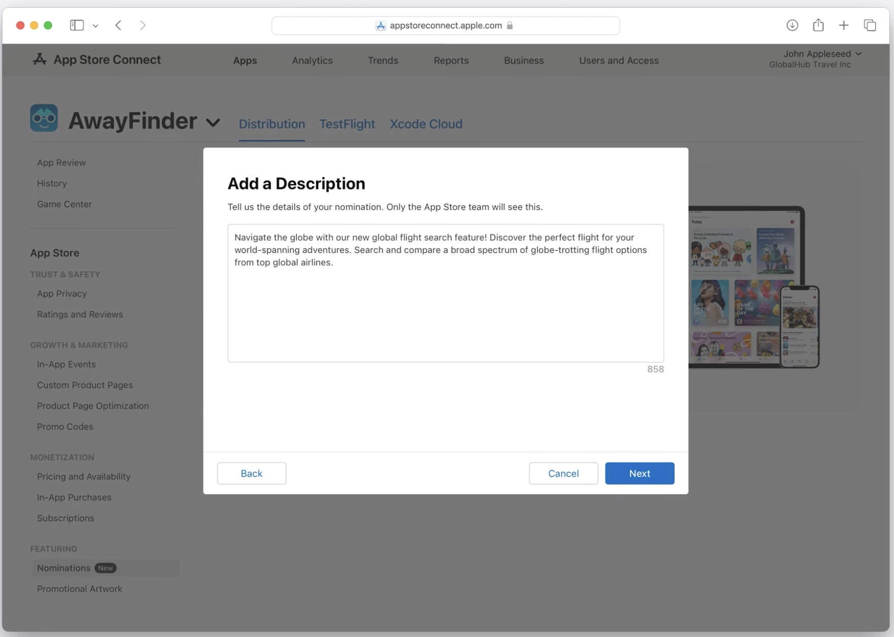 Add a Description step: Tell us the details of your nomination. Only the App Store team will see this.
