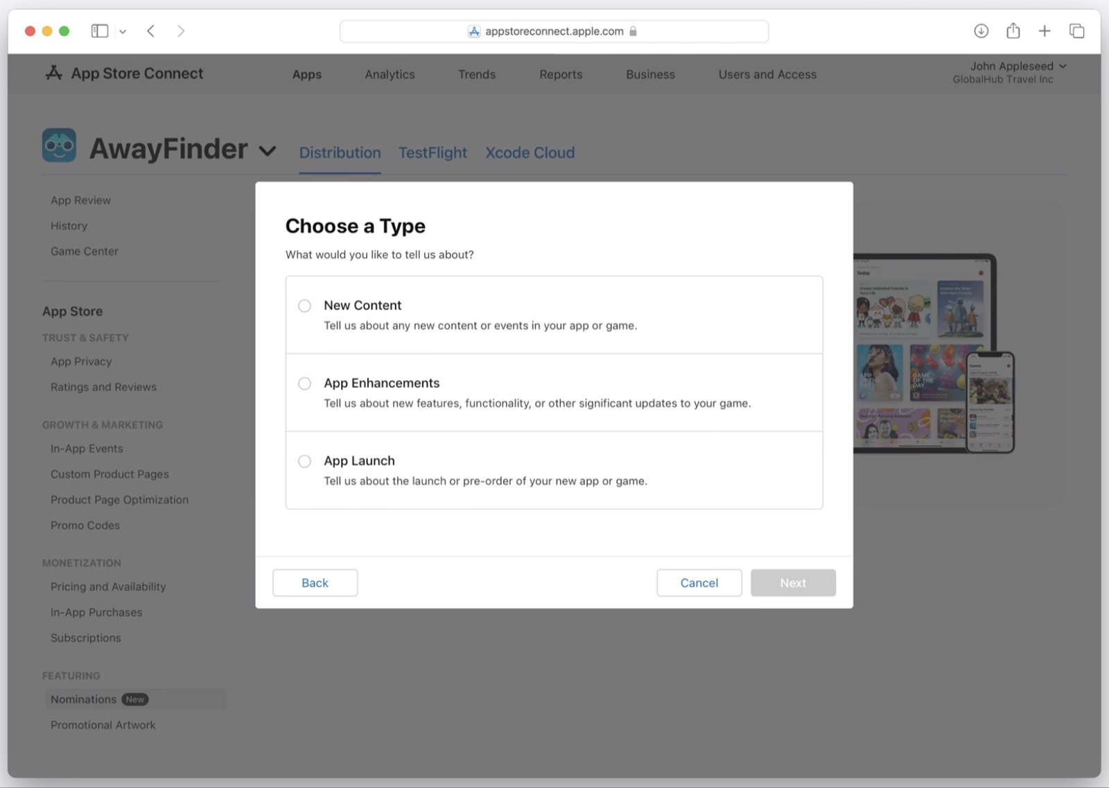Choose a Type step: New Content, App Enhancements, or App Launch, each with a one-line explanation.