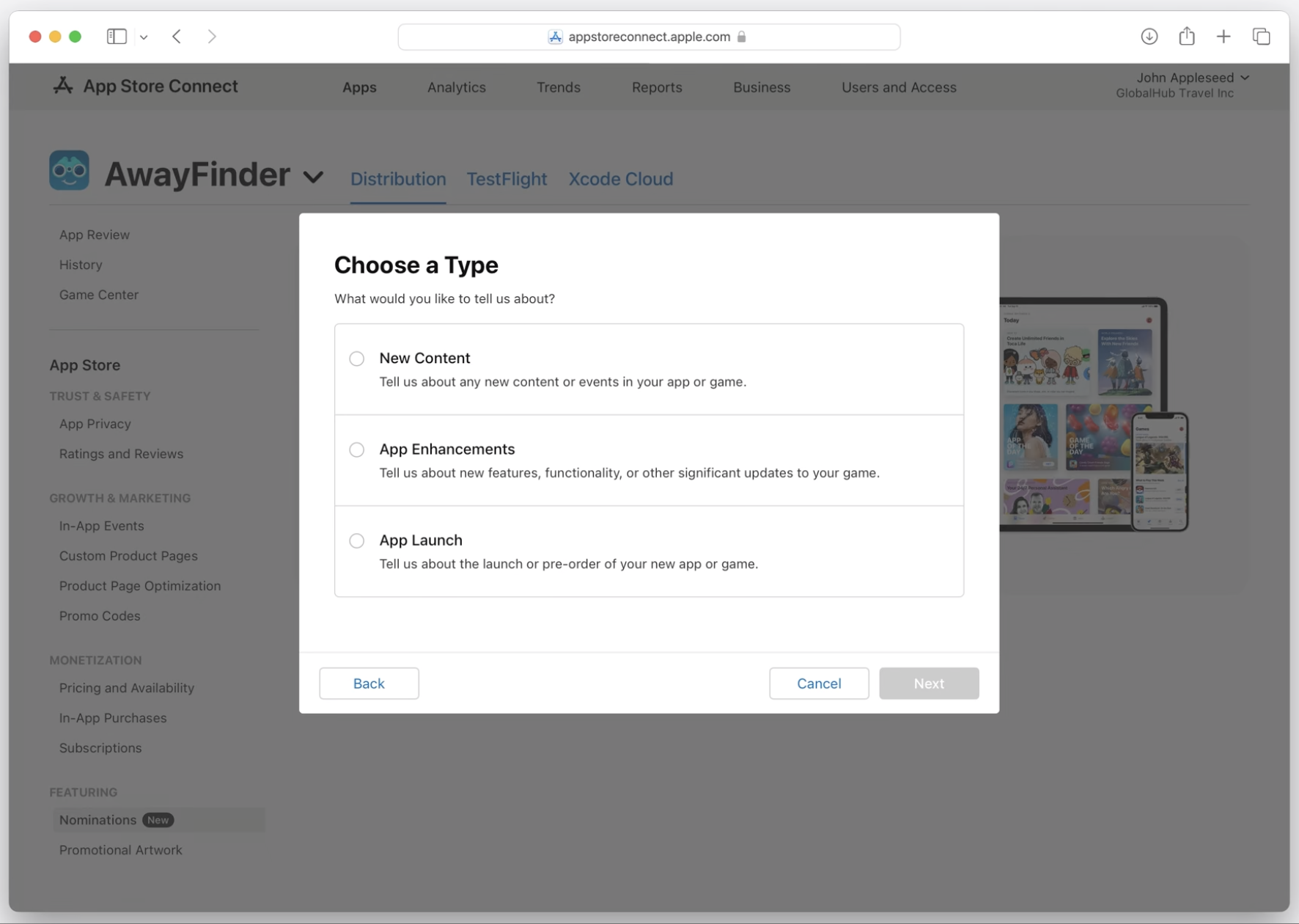 Choose a Type step: New Content, App Enhancements, or App Launch, each with a one-line explanation.