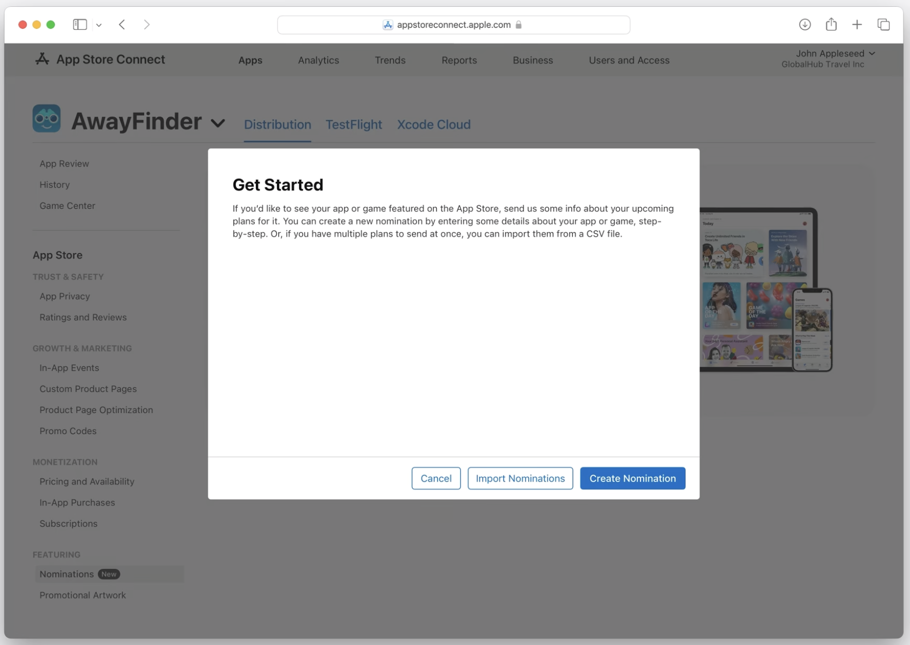 Get Started modal: If you'd like to see your app or game featured on the App Store, send us some info about your upcoming plans for it.