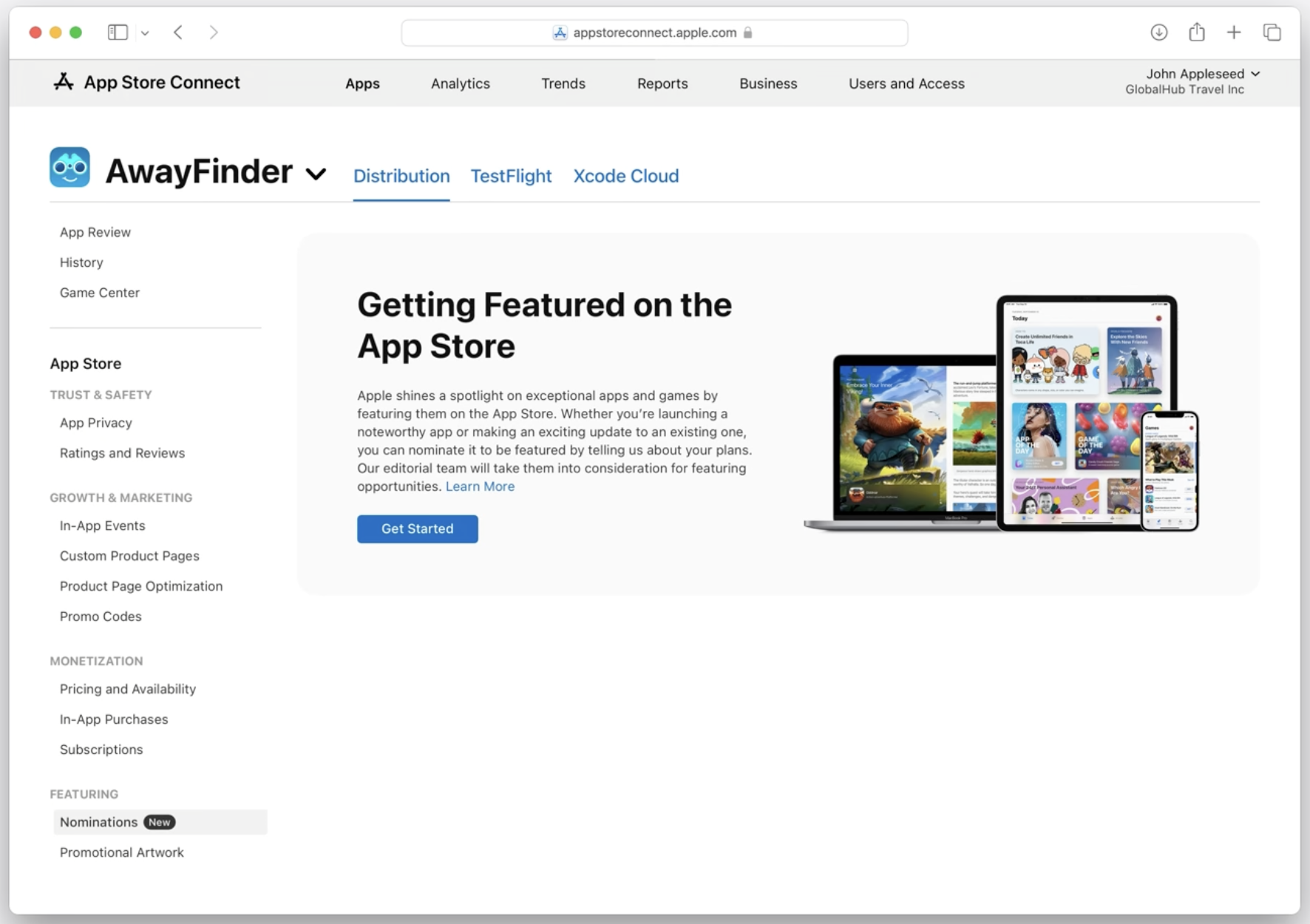 App Store Connect: Getting Featured on the App Store page, with Nominations in the Featuring section of the sidebar.