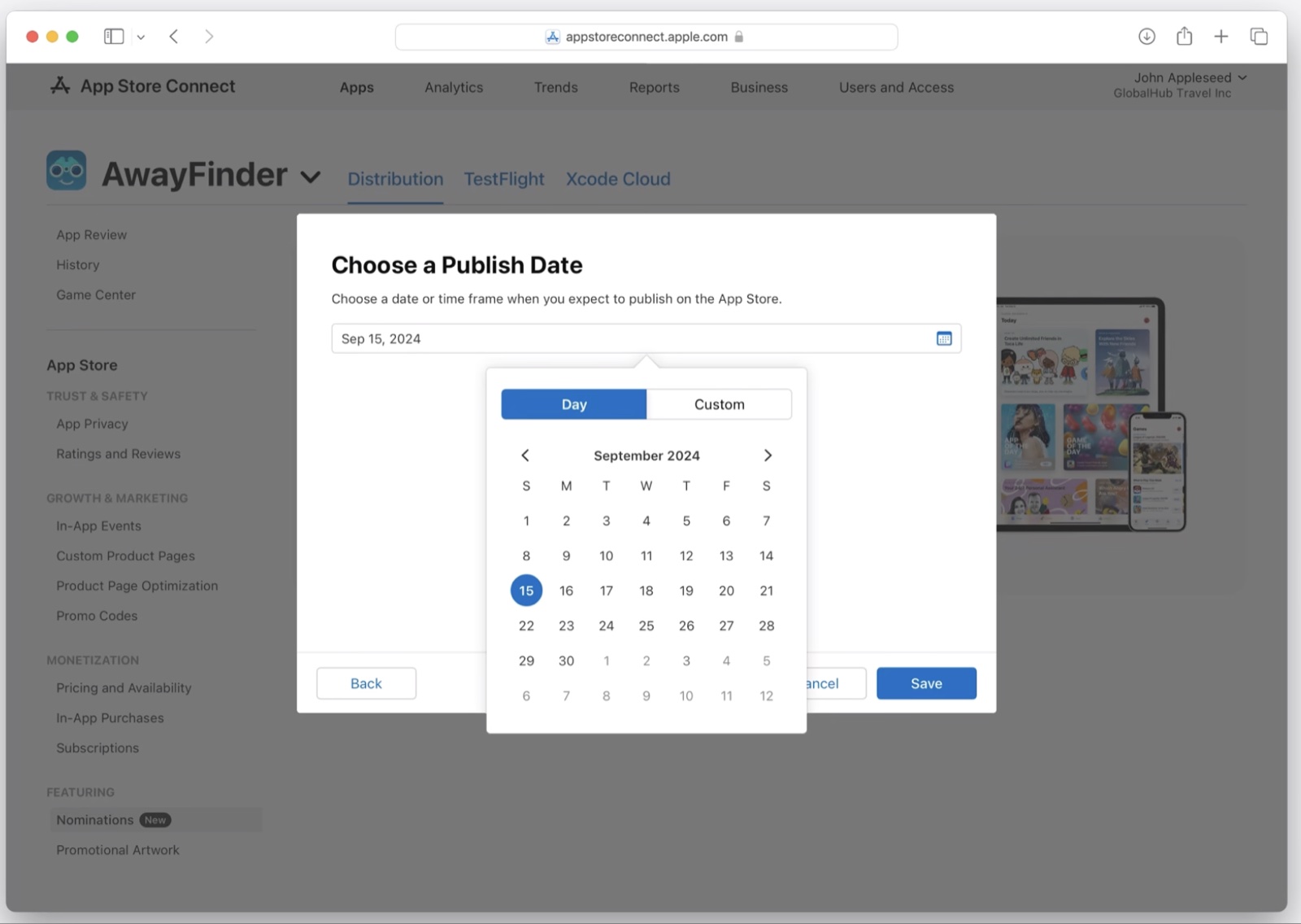 Choose a Publish Date step, with a Day or Custom time frame picker.