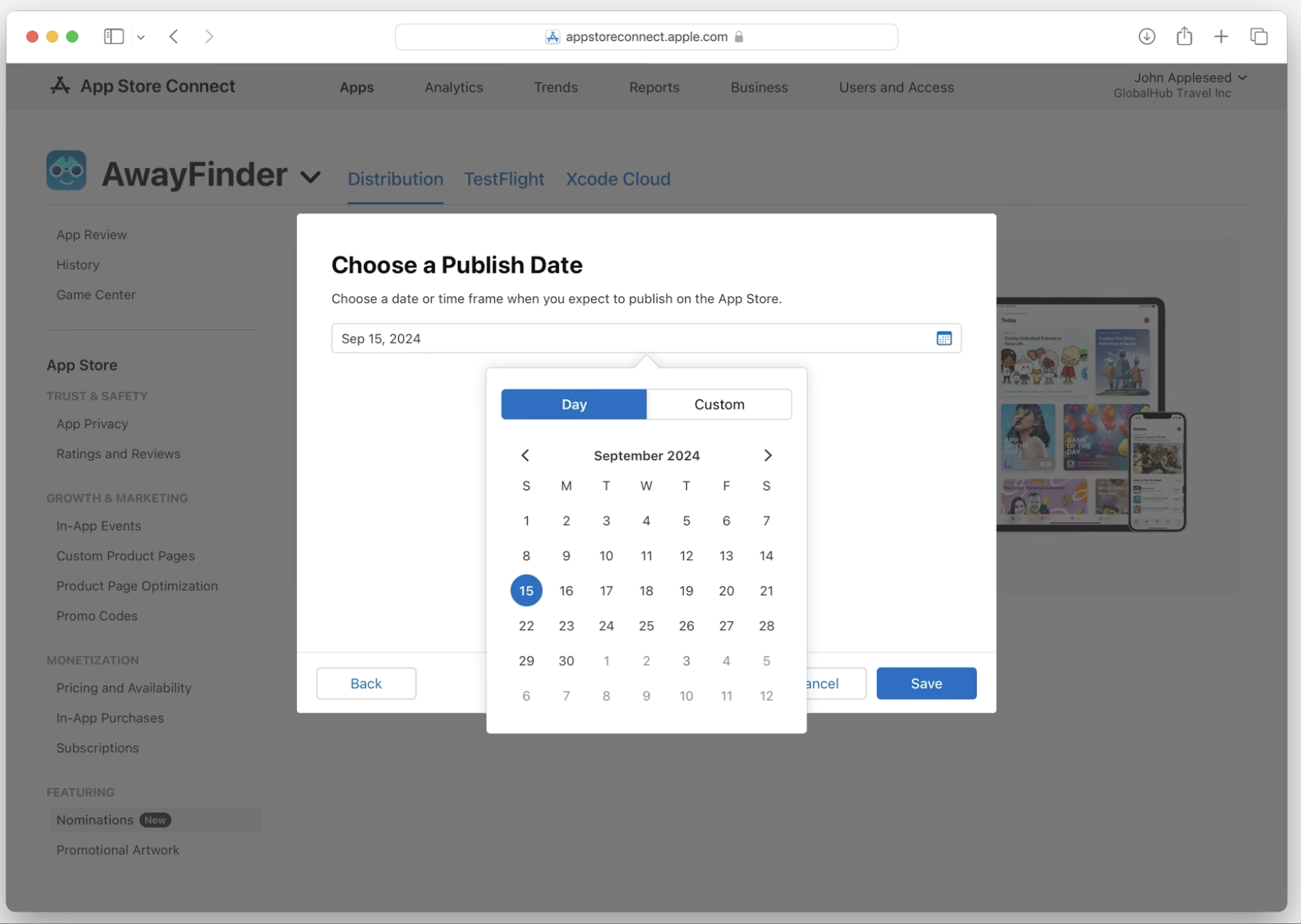 Choose a Publish Date step, with a Day or Custom time frame picker.