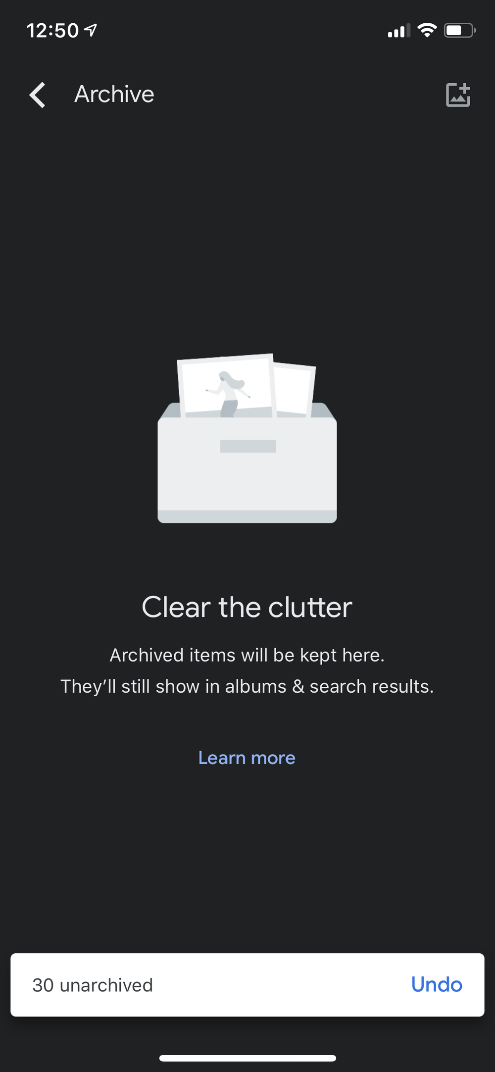 Google Photos Archive: Clear the clutter. Archived items will be kept here. They'll still show in albums and search results.