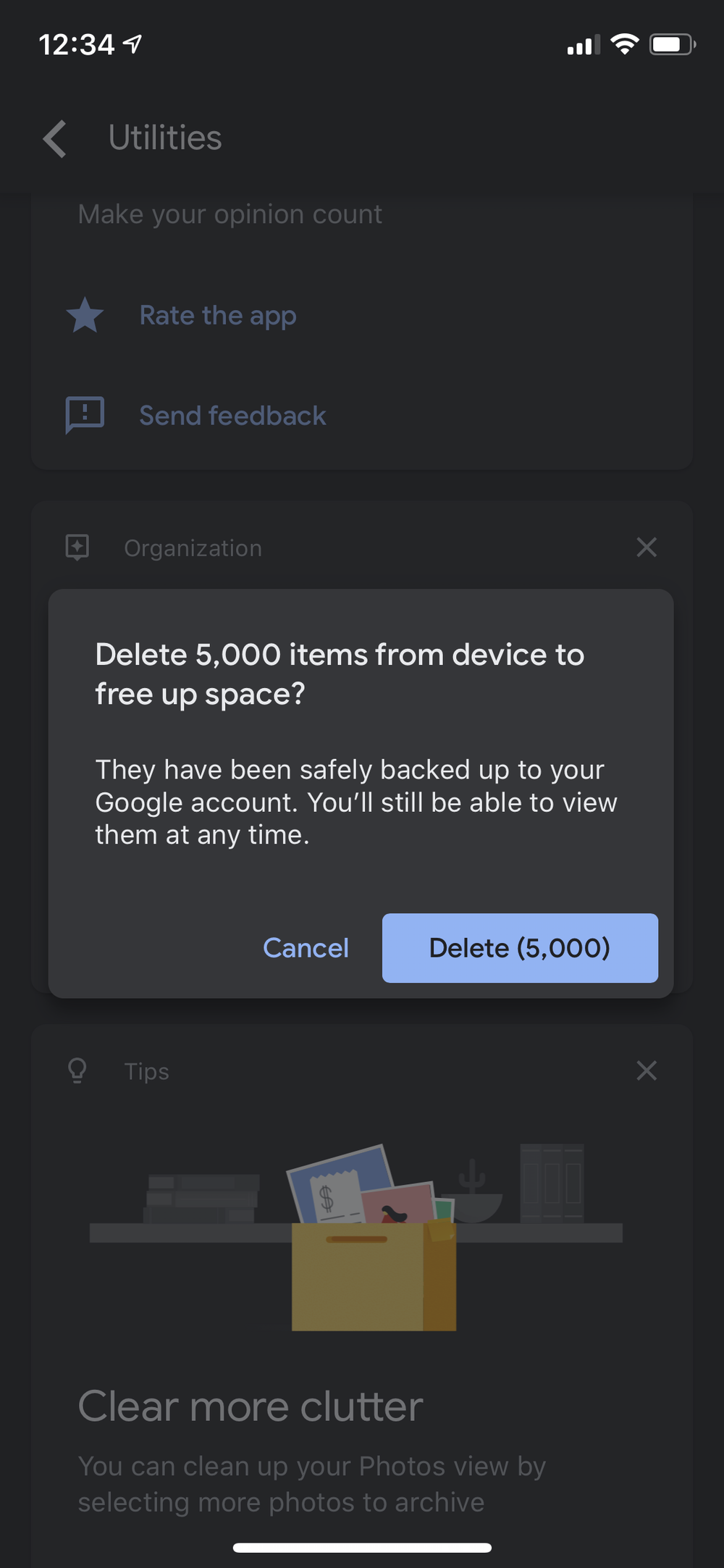Google Photos dialog: Delete 5,000 items from device to free up space? They have been safely backed up to your Google account.