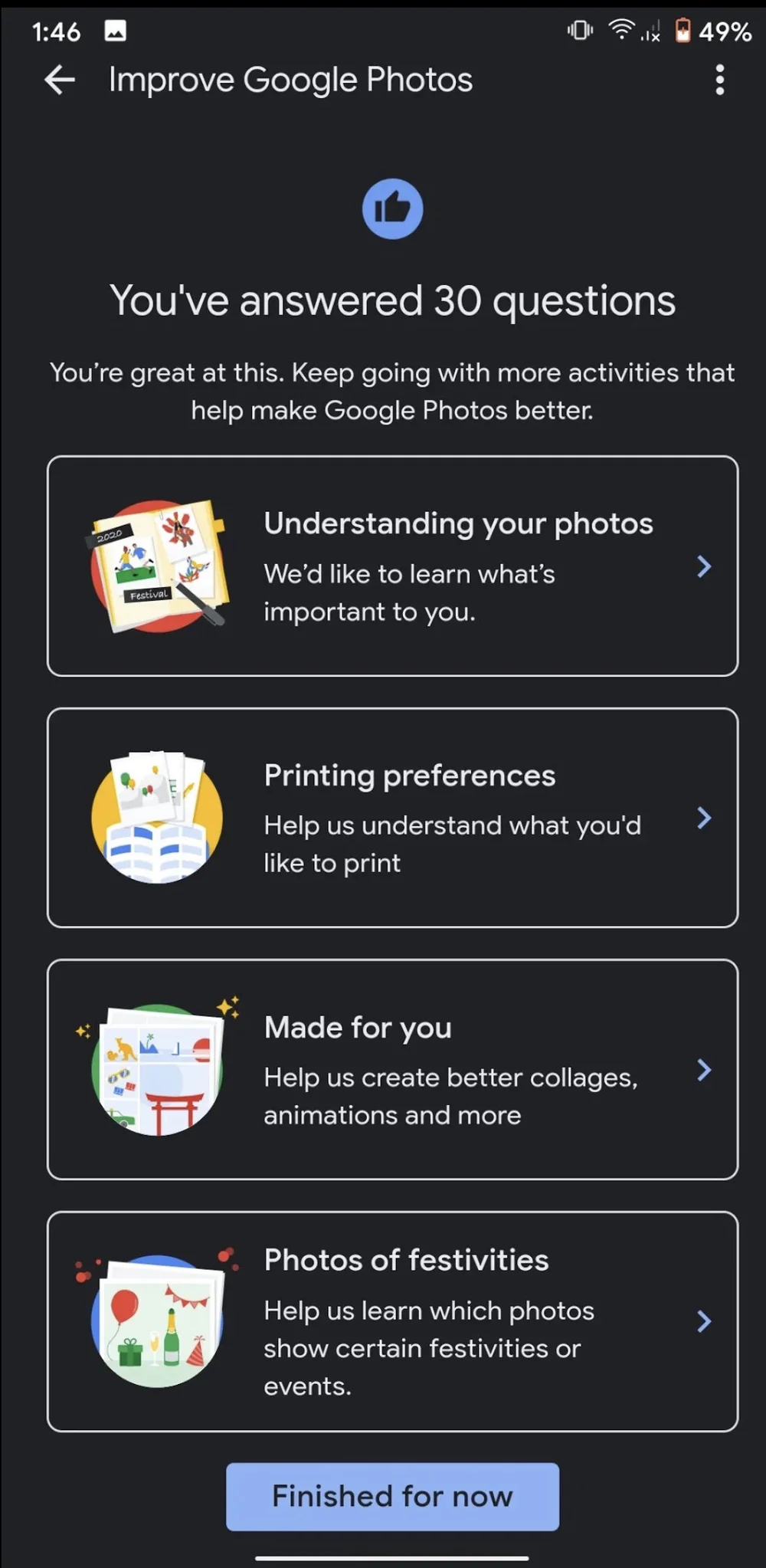 Improve Google Photos progress: You've answered 30 questions, with follow-up activities like Printing preferences and Made for you.