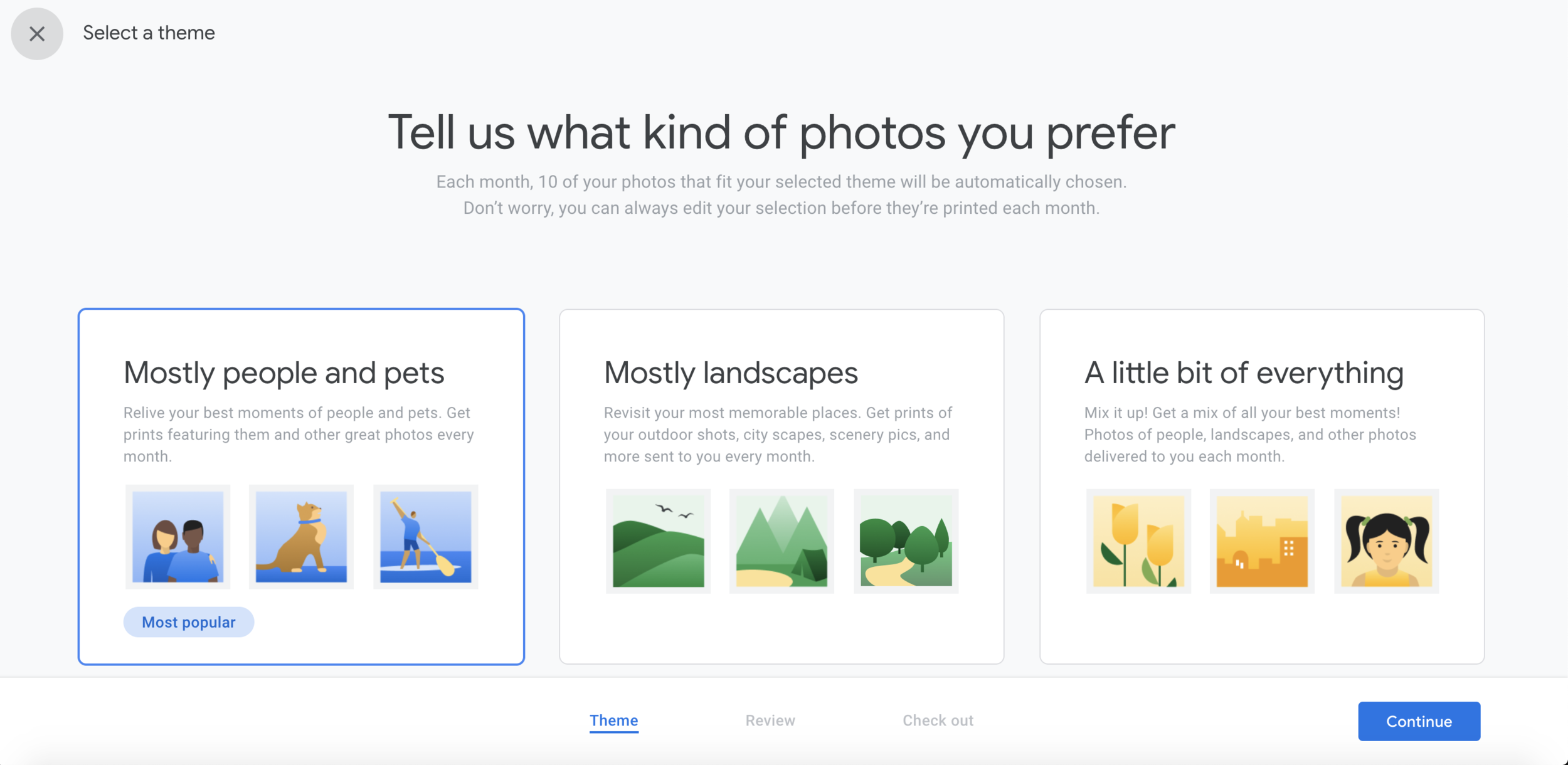 Google Photos on Google Hub, Select a theme step: Tell us what kind of photos you prefer, with people and pets, landscapes, or a little bit of everything.