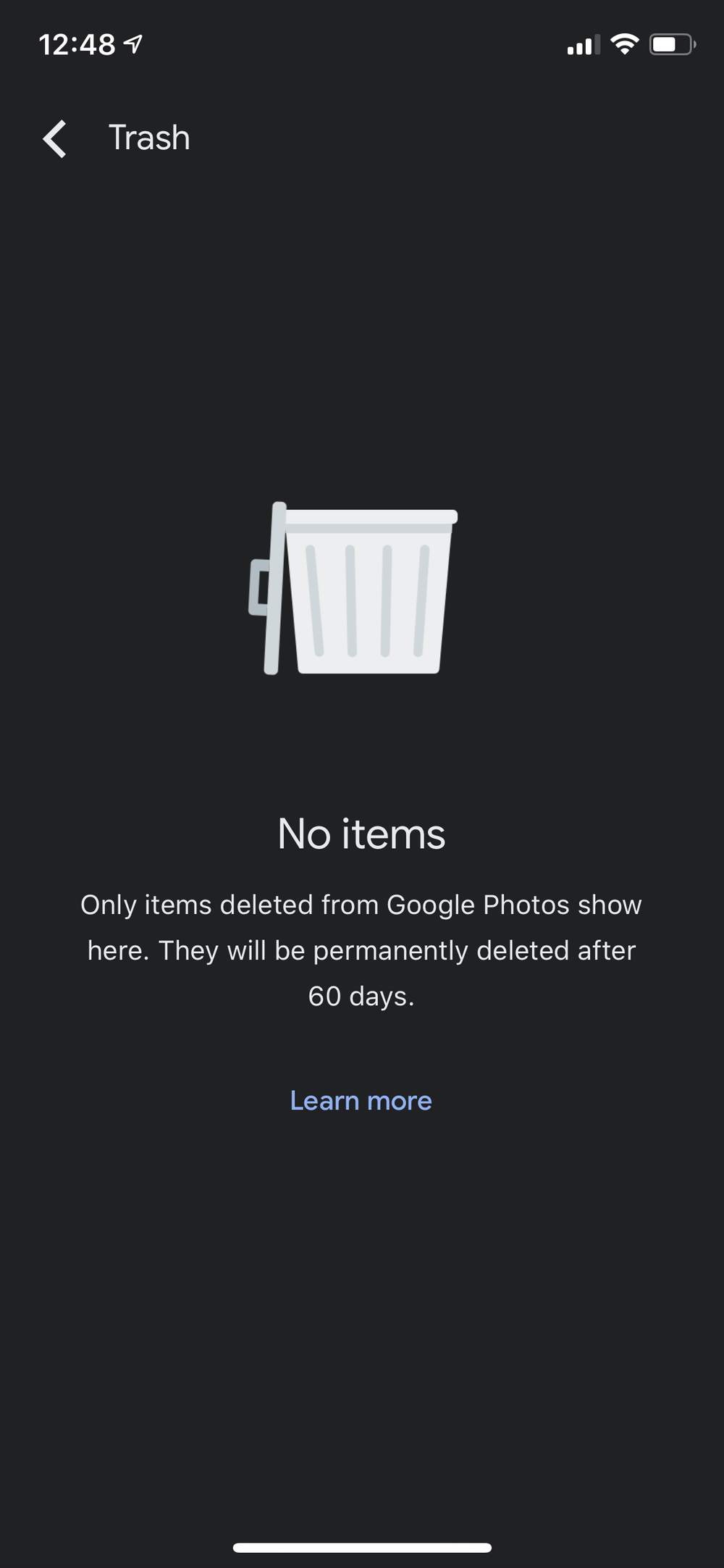 Google Photos Trash empty state: No items. Only items deleted from Google Photos show here. They will be permanently deleted after 60 days.
