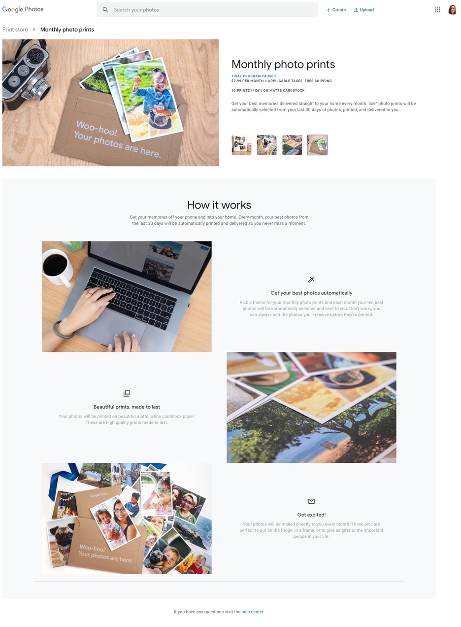 Google Photos Print store: Monthly photo prints subscription page, showing the offer, pricing, and How it works steps.