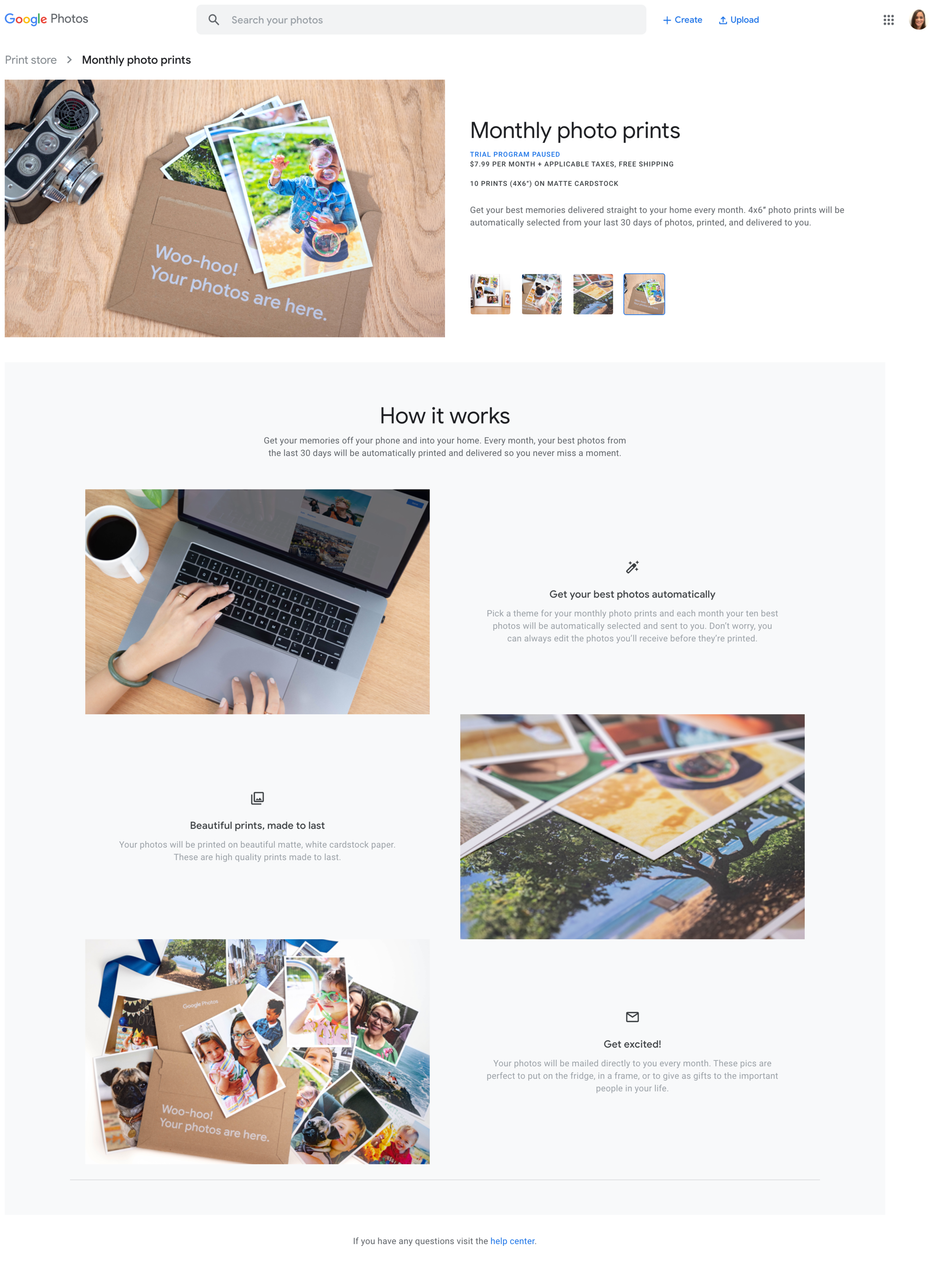 Google Photos Print store: Monthly photo prints subscription page, showing the offer, pricing, and How it works steps.