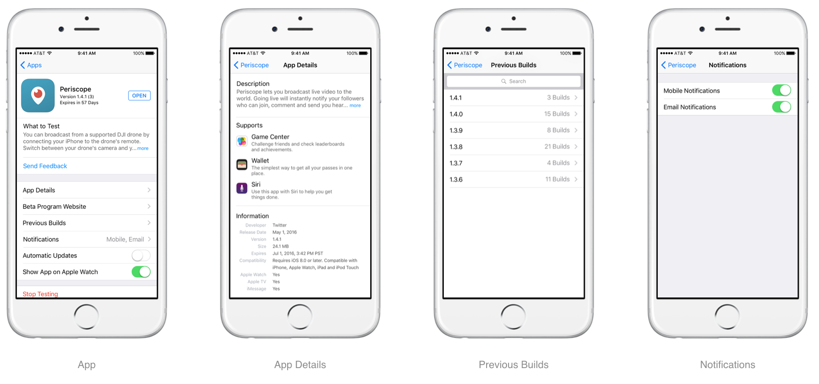Four iPhones showing TestFlight app screens: App, App Details, Previous Builds, and Notifications.