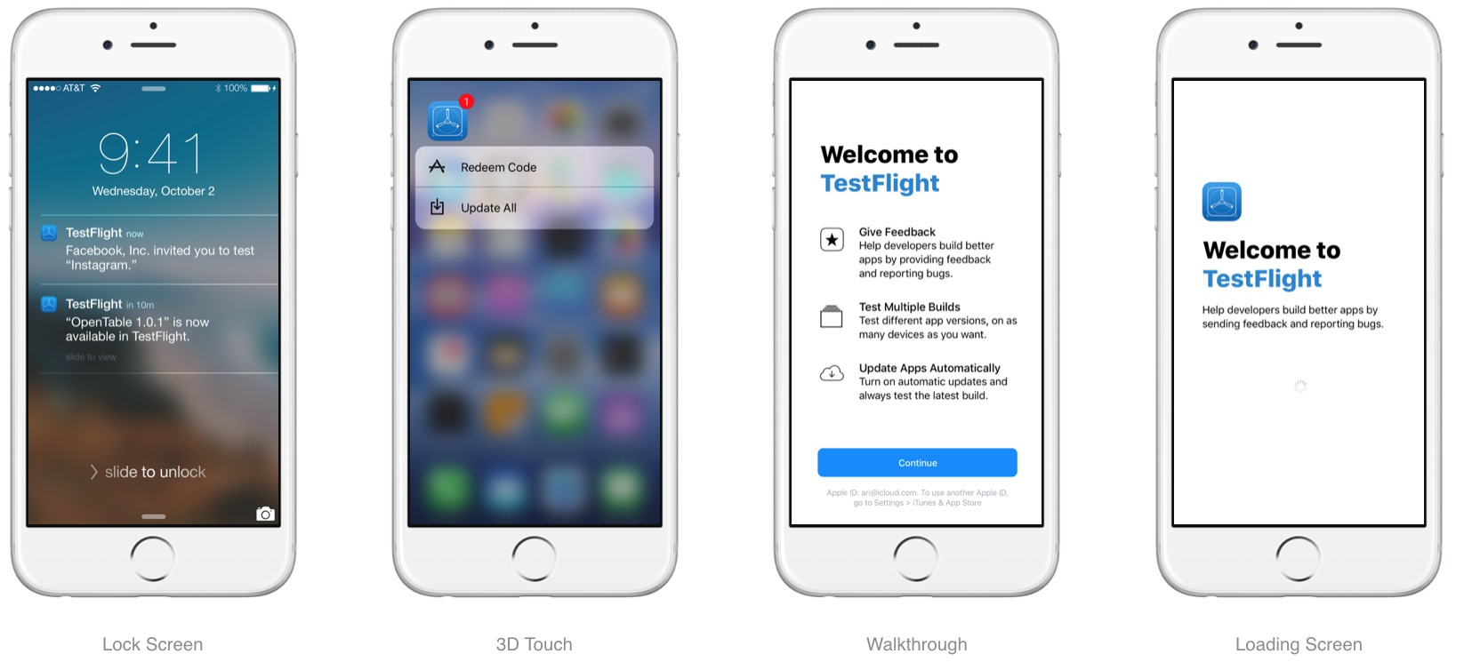 Four iPhones showing TestFlight system moments: Lock Screen invitation, 3D Touch quick actions, Walkthrough, and Loading Screen.