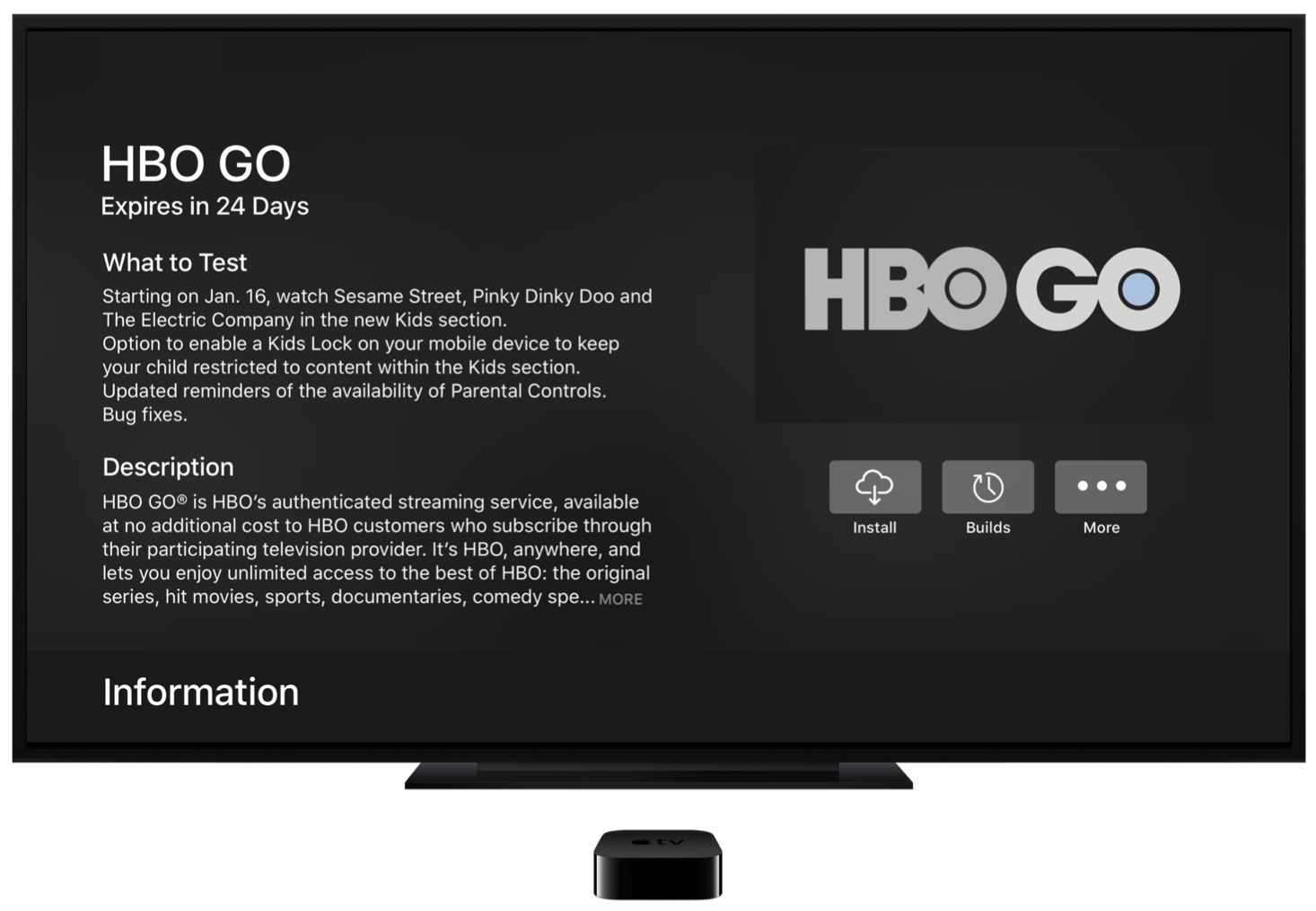 TestFlight app details on Apple TV showing HBO GO: What to Test notes, description, and Install and Builds actions.