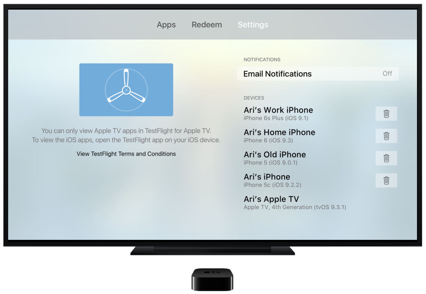 TestFlight settings on Apple TV: notifications, device list, and a note that you can only view Apple TV apps in TestFlight for Apple TV.