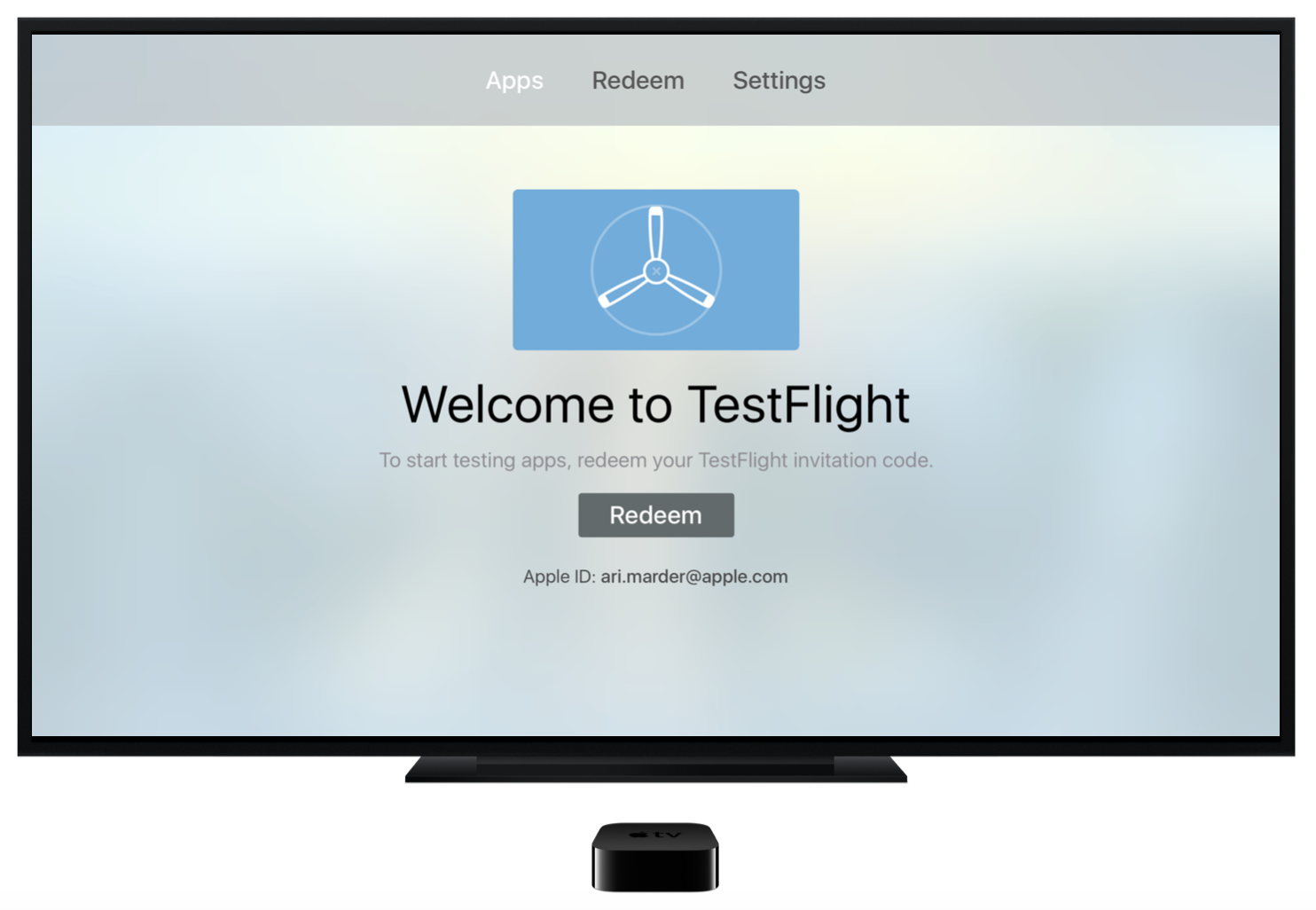 TestFlight on Apple TV: Welcome to TestFlight — To start testing apps, redeem your TestFlight invitation code, with a Redeem button.