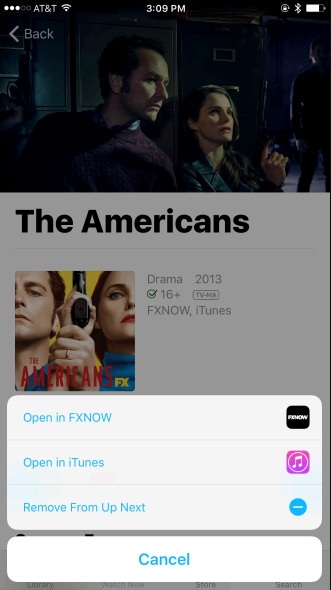 Apple TV app action sheet: Open in FXNOW, Open in iTunes, Remove From Up Next