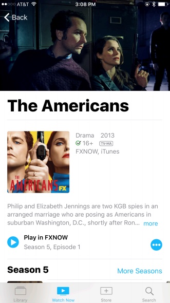 Apple TV app show page: The Americans, with Play in FXNOW