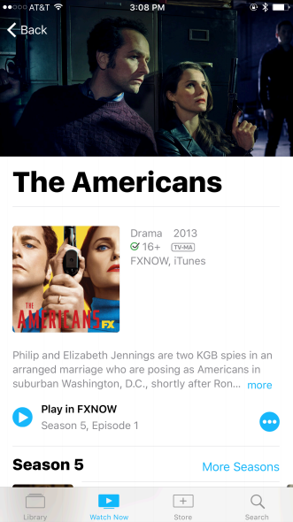 Apple TV app show page: The Americans, with Play in FXNOW