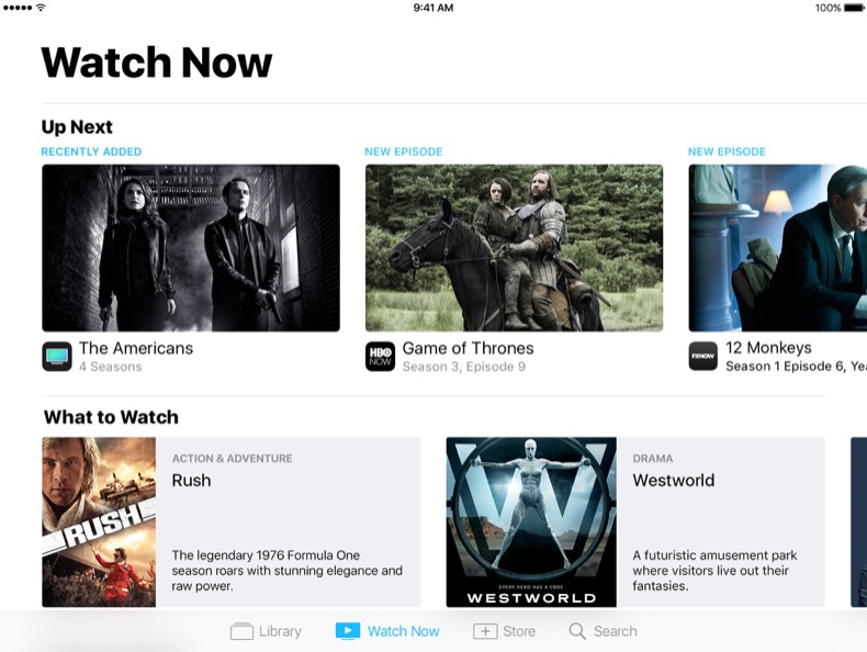 Watch Now tab on iPad
