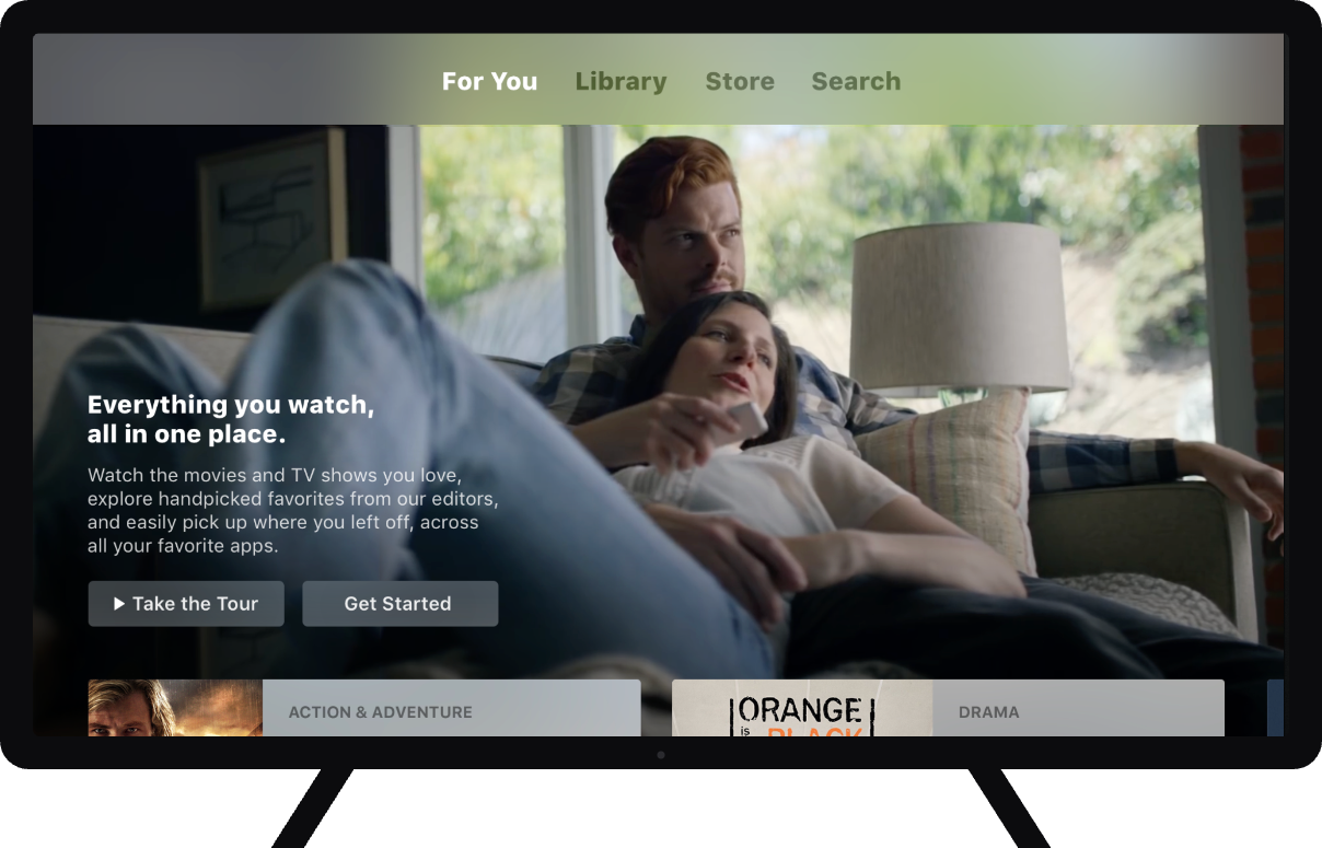 The original Apple TV app launch screen on television: Everything you watch, all in one place, with Take the Tour and Get Started buttons.