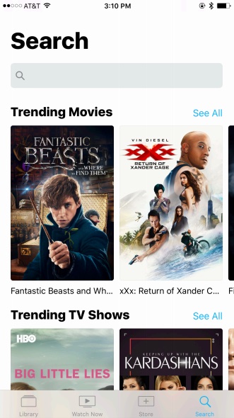 Apple TV app Search tab: Trending Movies and Trending TV Shows