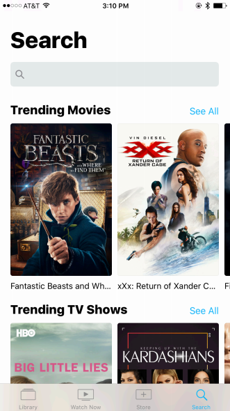 Apple TV app Search tab: Trending Movies and Trending TV Shows